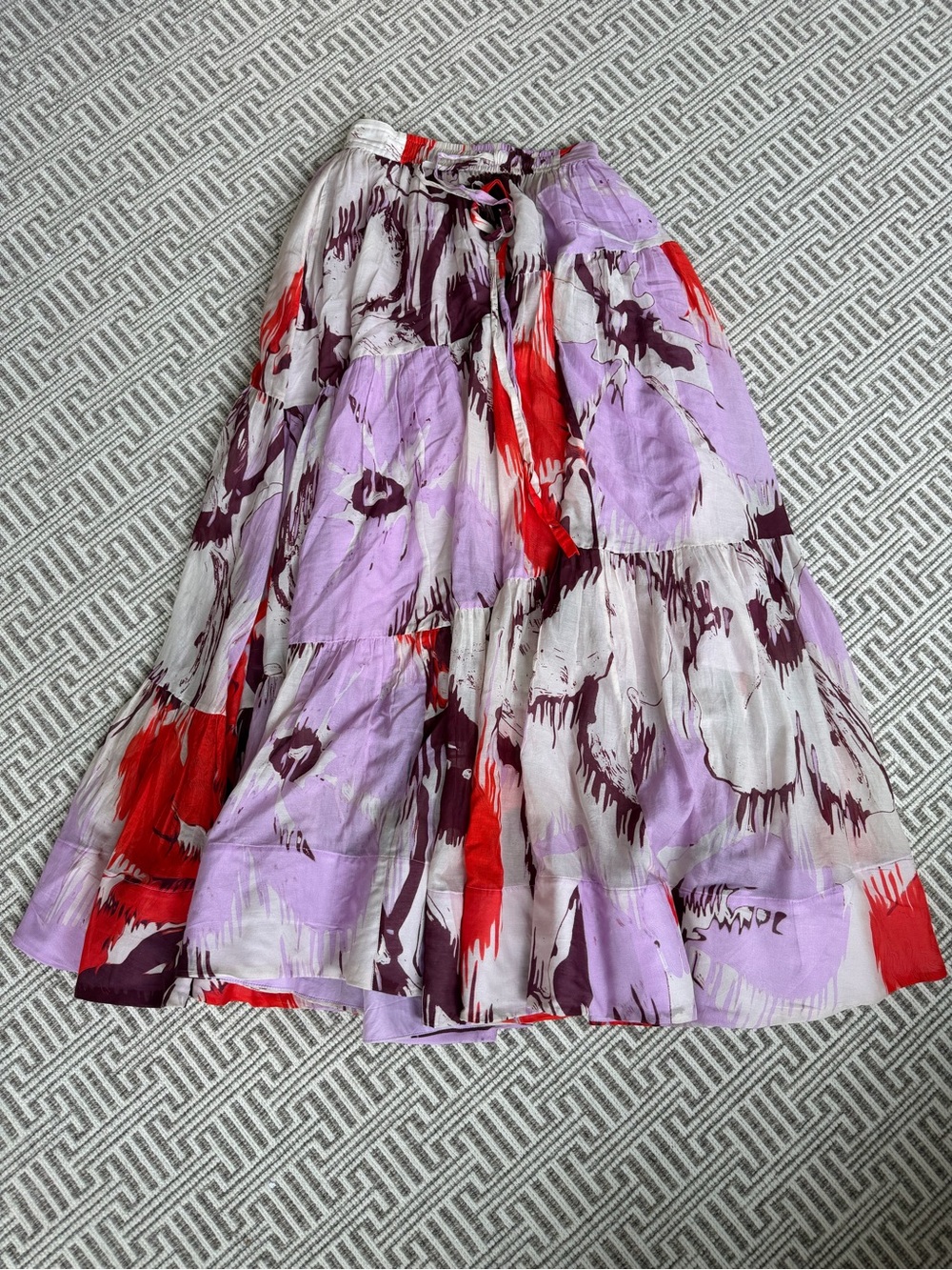 Lee Mathews Lavender, Red & Burgundy Floral Tiered Maxi Skirt